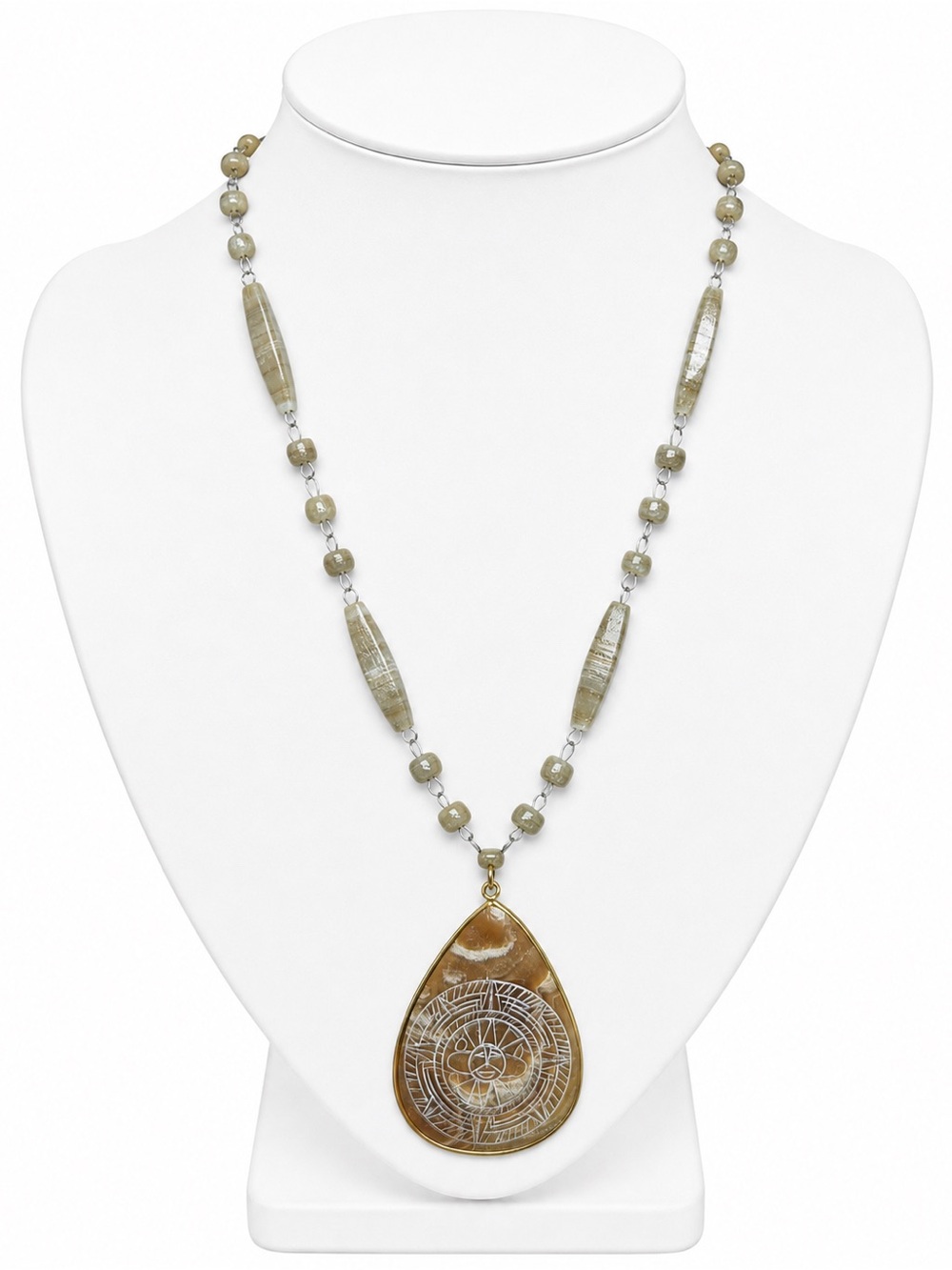 Vintage Beaded Carved Aztec Pendant Statements Necklace